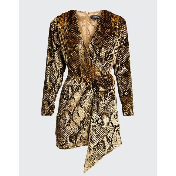 Retrofete NWT Eleanor Velvet Mini Dress in Gold Snake Size XS Black Animal Print - Picture 2 of 10